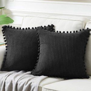 Cozy Black Corduroy Luxury Velvet Pompom Bed/Sofa Throw Pillow Cover/Case Set